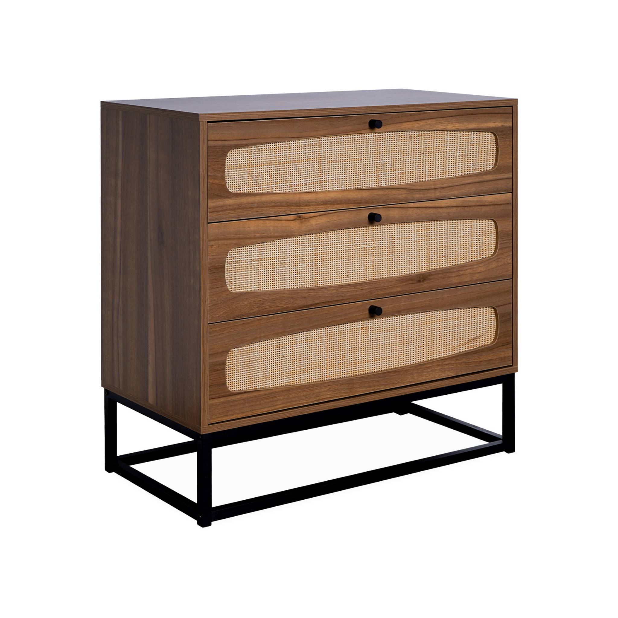 Commode rétro décor bois et cannage 3 tiroirs piètement et poignées en métal noir
