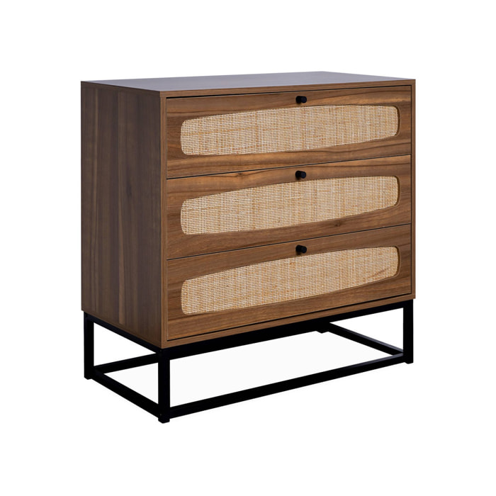 Commode rétro décor bois et cannage 3 tiroirs piètement et poignées en métal noir