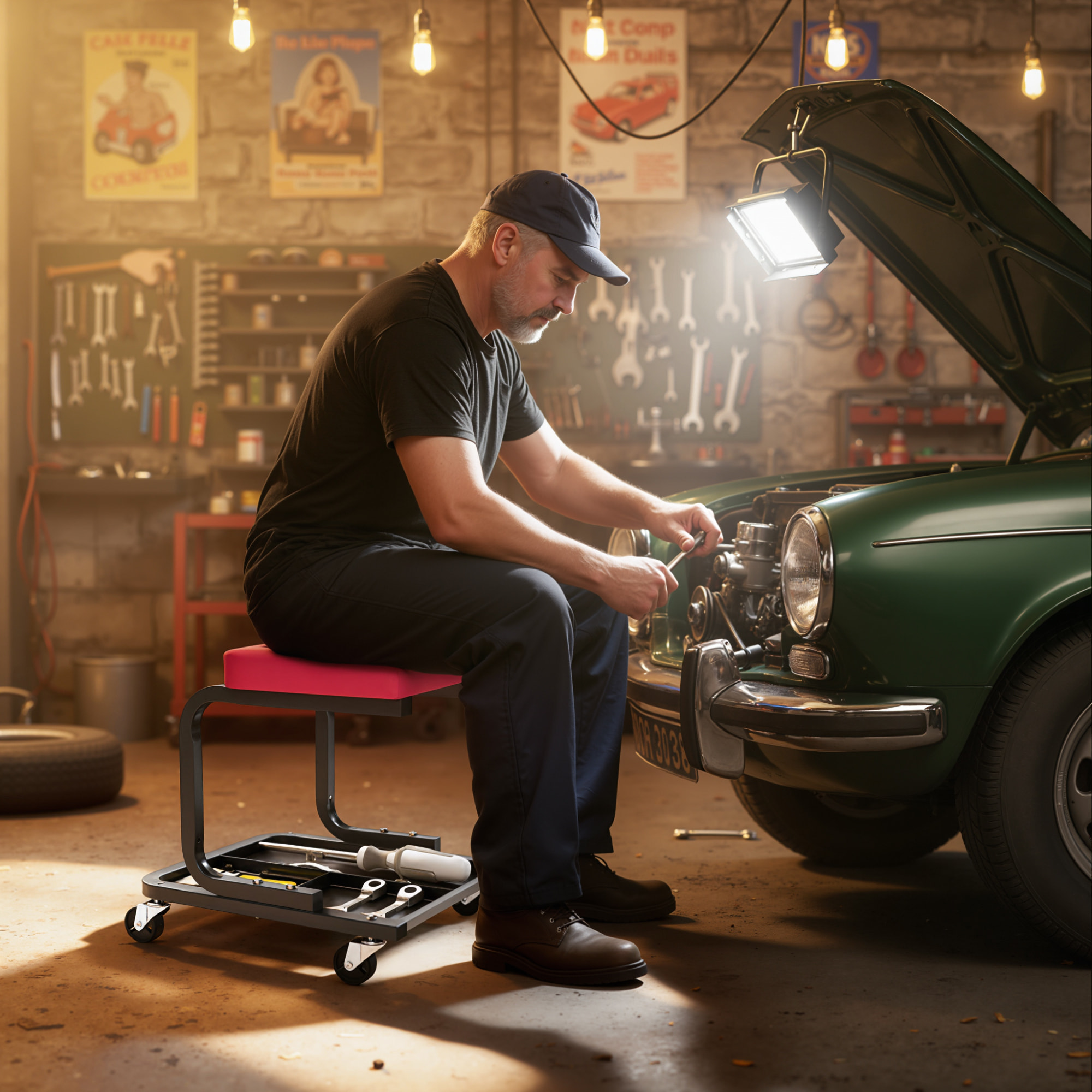 Tabouret d'atelier mobile - tabouret de mécanicien - plateau outils - acier noir synthétique rouge