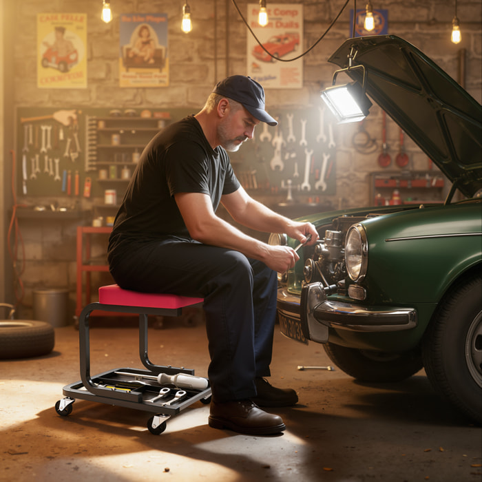 Tabouret d'atelier mobile - tabouret de mécanicien - plateau outils - acier noir synthétique rouge