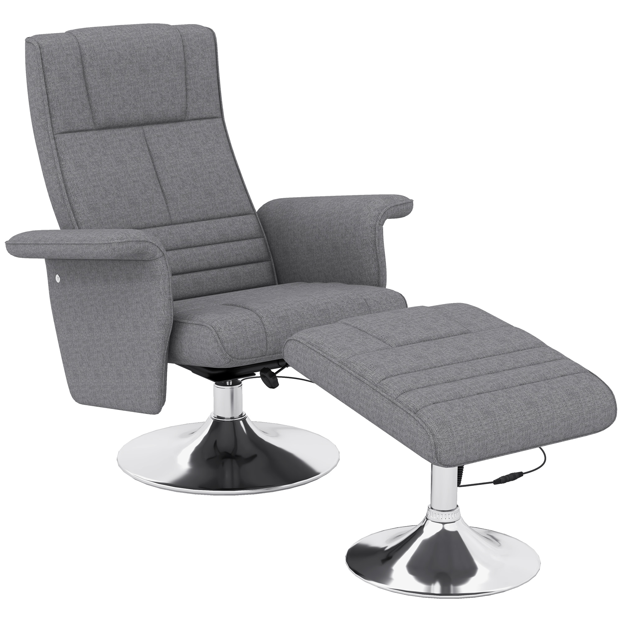 Fauteuil relax massant inclinable réglable avec repose-pied piètement acier chromé tissu gris