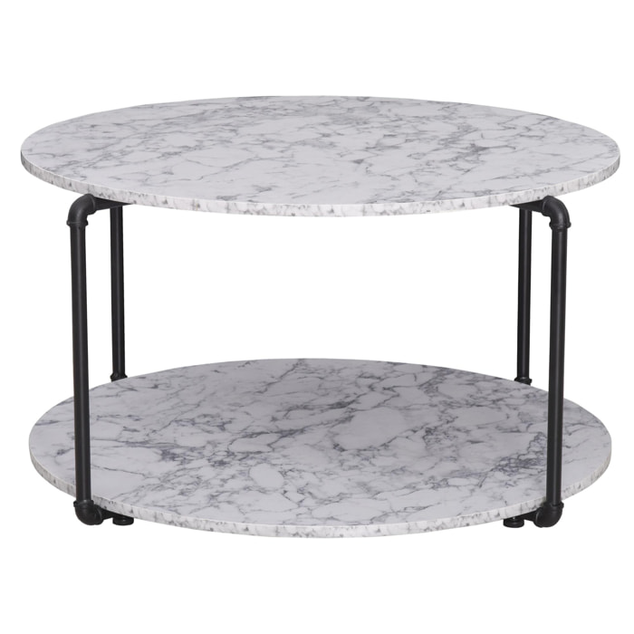 Table basse ronde avec étagère dim. Ø 80 x 45H cm panneaux particules imitation marbre blanc métal noir