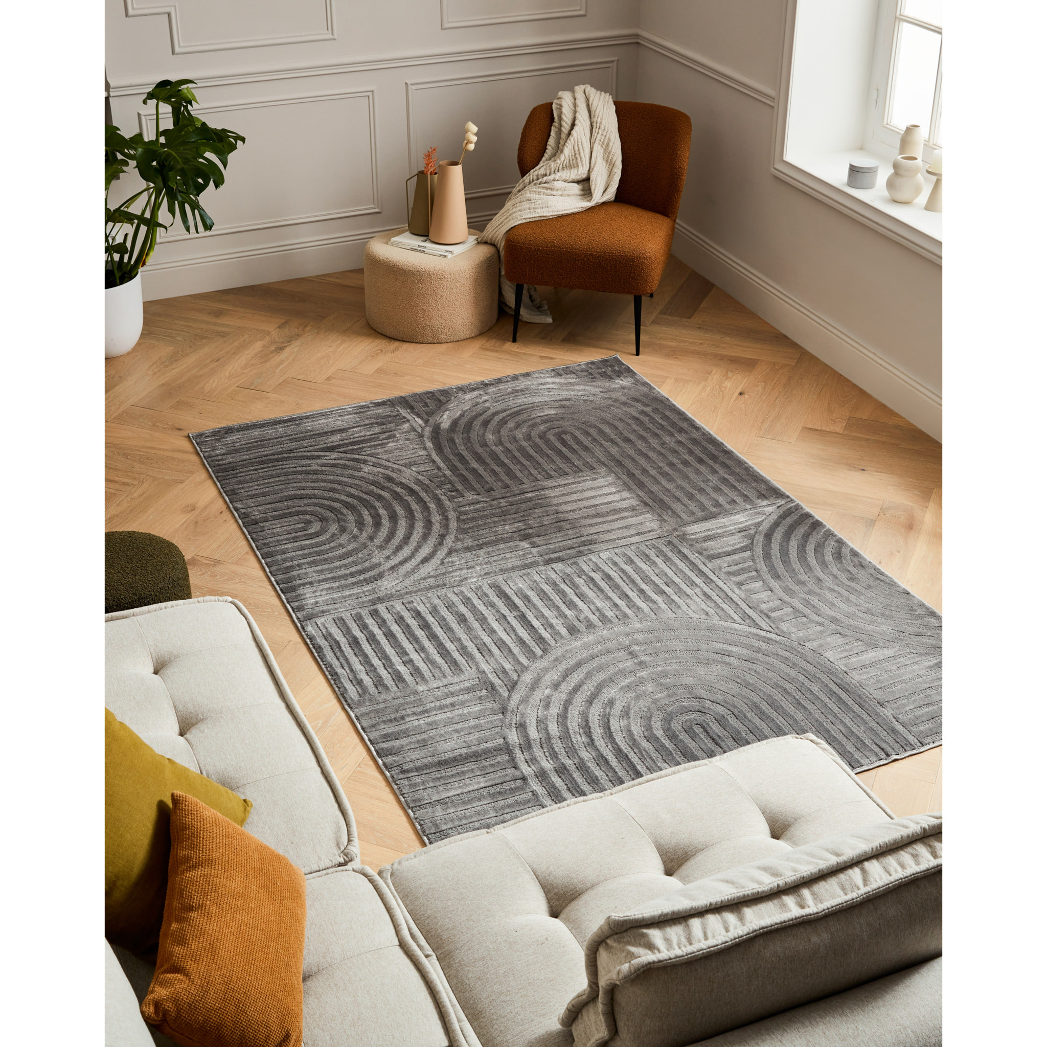 BLOOM - Tapis poils ras motif géométrique en relief - Gris