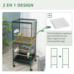 Grande cage à oiseaux sur pied à roulettes - volière double, mangeoires, perchoirs, plateau amovible - vert noir