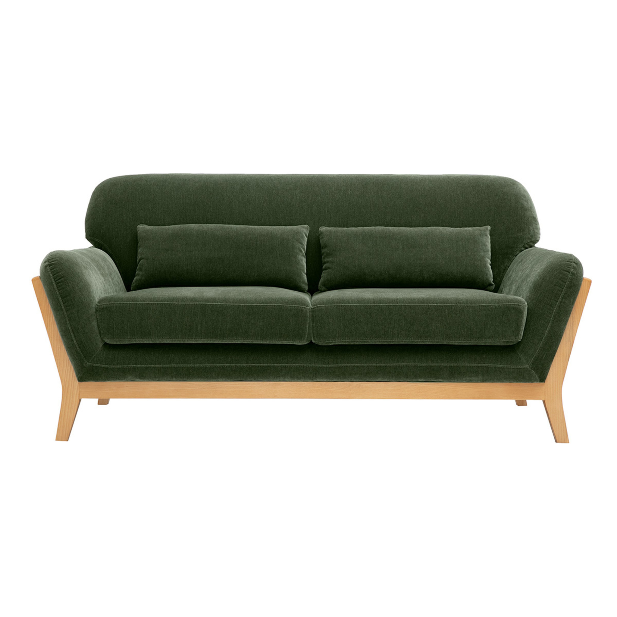 Canapé scandinave 2 places en tissu effet velours vert kaki et bois clair YOKO