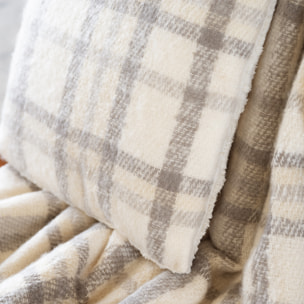 Coussin à carreaux  - Effet mohair avec dos sherpa - Ecru