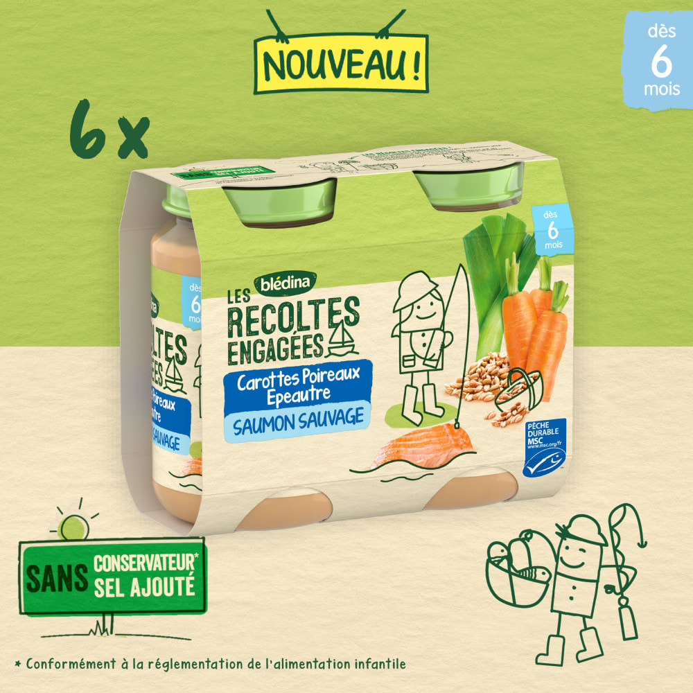 6x2 Petits Pots Carottes, Poireaux, Epautre et Saumon Sauvage - Bledina Les Recoltes Engagées - Dès 6 mois