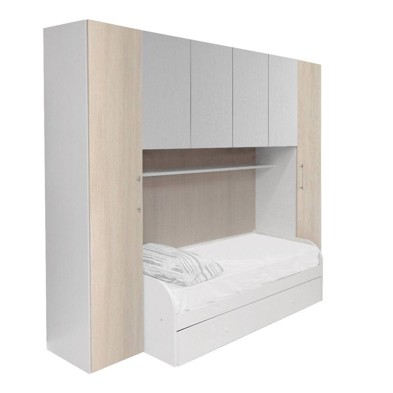 Cameretta completa di armadio a 6 ante e divano letto con secondo letto estraibile, mensola abbinata, doghe incluse, Made in Italy, cm 293x90x247, colore Bianco e Olmo