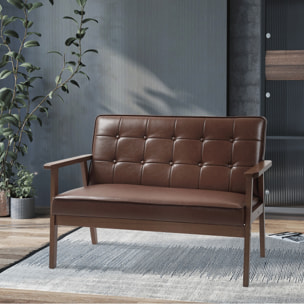 Sofá de 2 Plazas Tapizado en PU Sofá de Salón con Reposabrazos de Madera Respaldo Acolchado Carga 250 kg Sofá Pequeño para Dormitorio Marrón