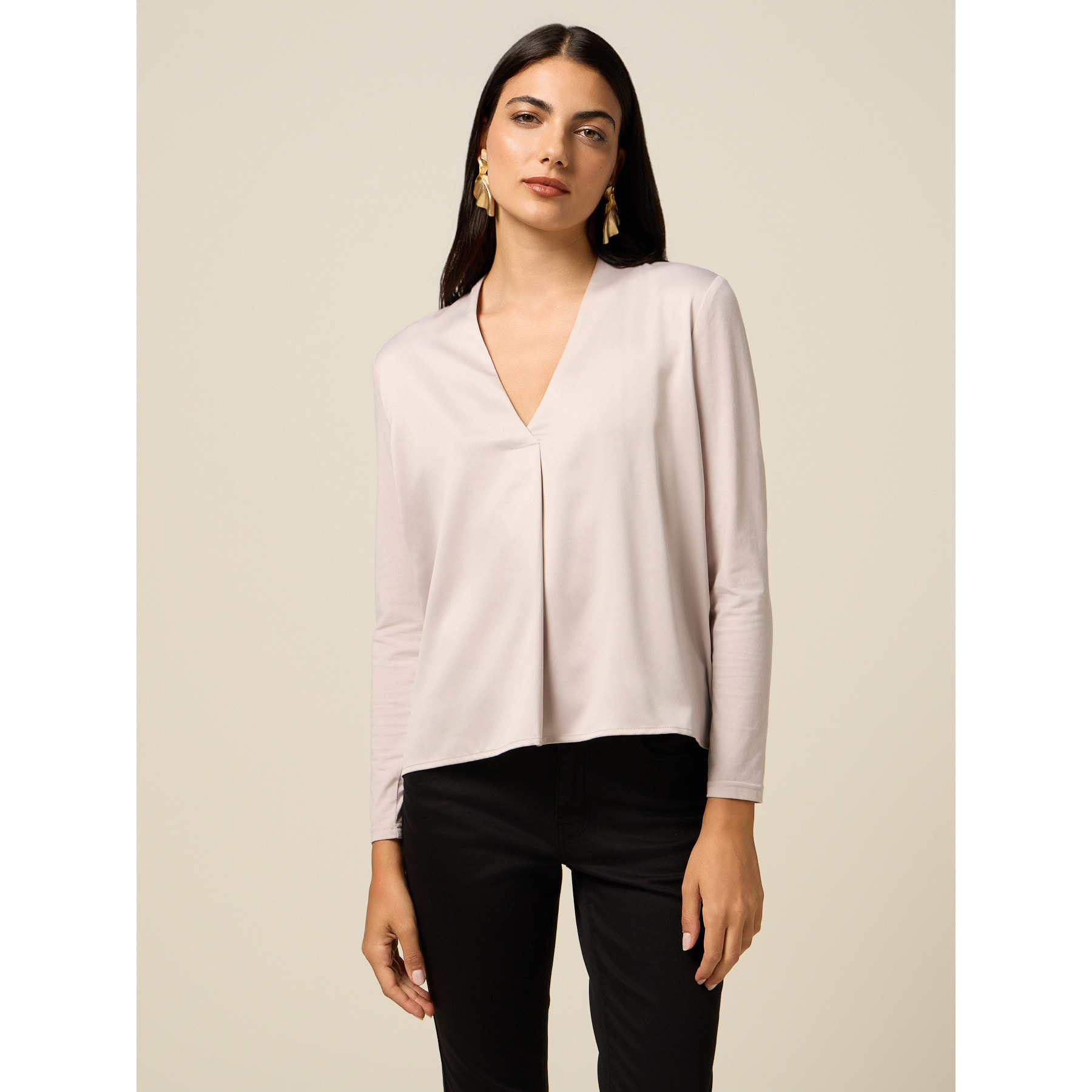 Oltre - Camiseta bimatérica con escote en V - Beige