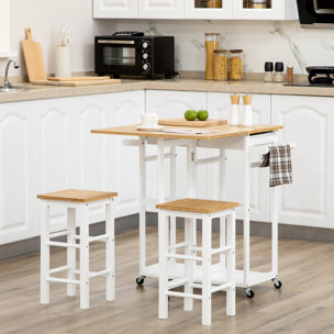 Juego de Mesa Alta de Bar y 2 Taburetes, Mesa Alta de Cocina de Bambú con Ruedas, Tablero Plegable, Ahorro Espacio, Cajones, Toalleros y Reposapiés, Natural y Blanco