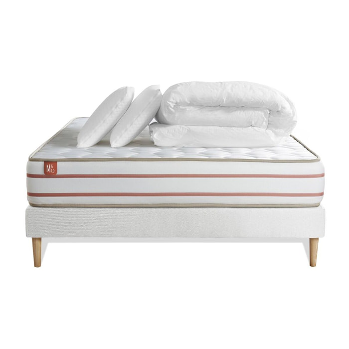 Pack Matelas Le Doux - 24cm - Mémoire de forme - Zéro transfert de mouvement - Sommier kit Blanc - Avec couette et oreillers