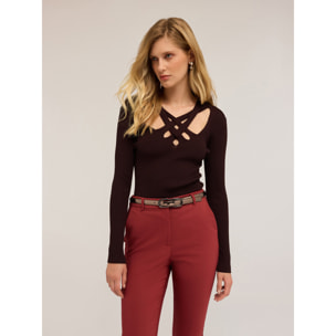 Motivi - Jersey acanalado con escote trabajado - Marrón