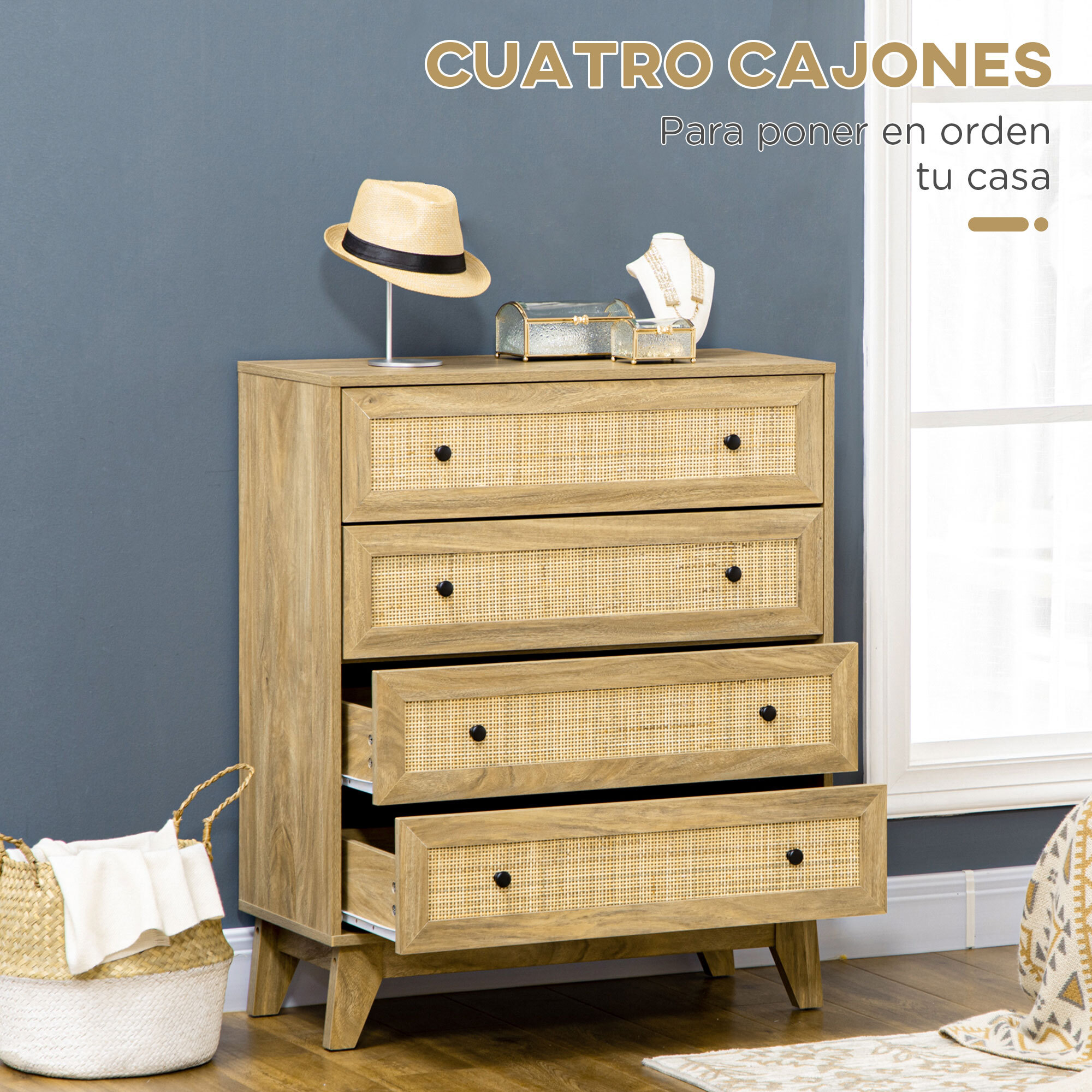 Conjunto para el Hogar Incluye 1 Cómoda con 4 Cajones 1 Aparador y 2 Mesitas de Noche con Puerta de Ratán Sintético Estilo Cannage Natural