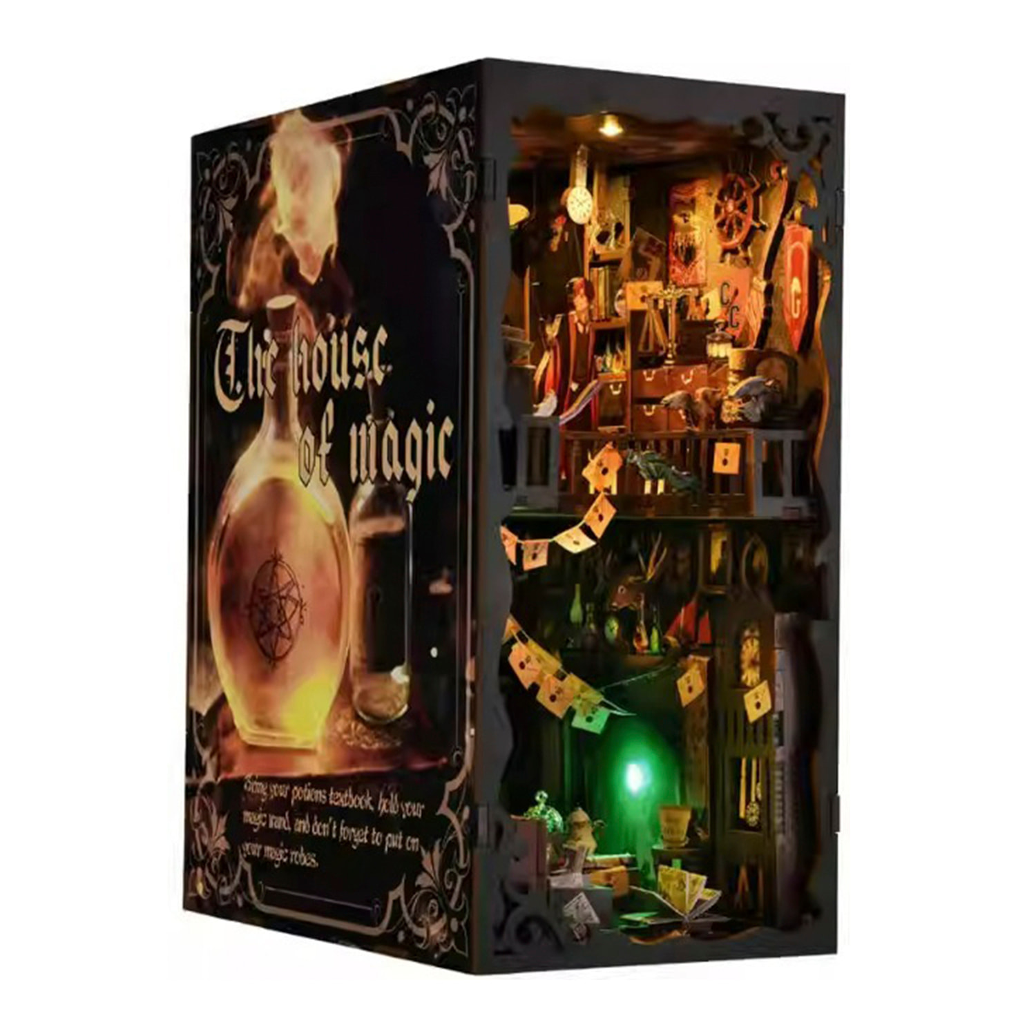 Casa Mágica. Book Nook de madera, diseño 3D realista con gran detalle, cubierta y luces led.