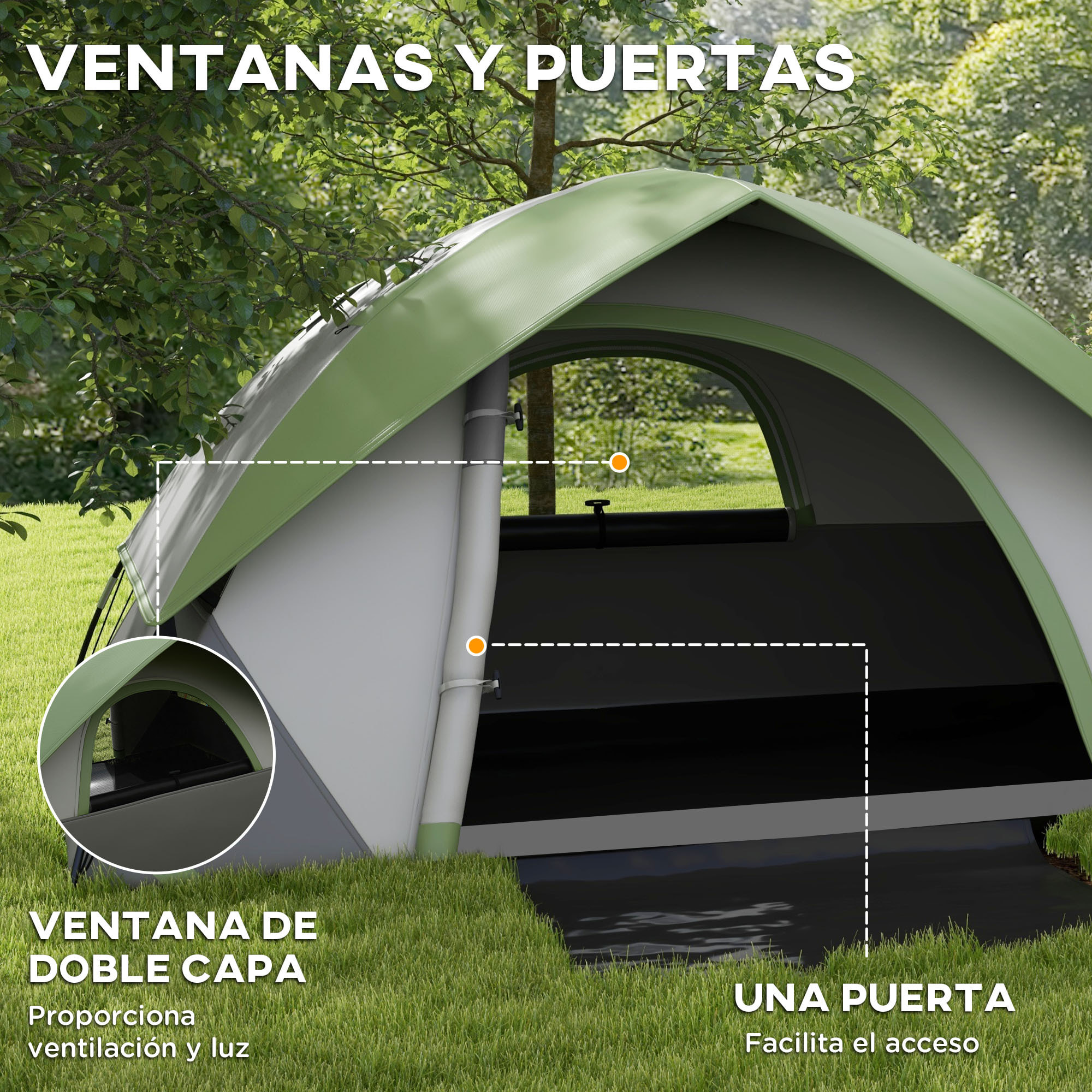 Tienda de Campaña para 2 Personas Tienda de Camping Plegable Ligero con Ventana y Bolsa de Transporte Impermeable 3000 mm 210x150x110 cm Verde