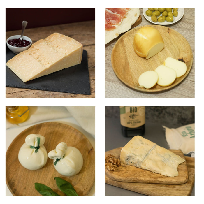 Assortiment Gourmand de Fromages Italiens : 2 x Burrata, 1 x Gorgonzola, 1 x Parmigiano Reggiano & 1 x Scamorza Fumée - 950g- Italie