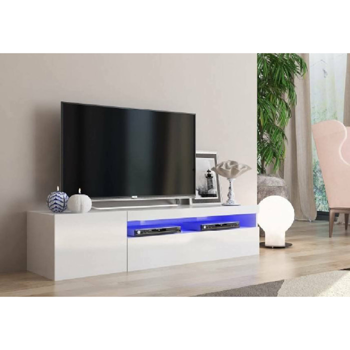 Mobile porta TV Ardy, Credenza bassa da soggiorno a 2 ante, Base porta televisione, 100% Made in Italy, cm 150x40h37, Bianco lucido, con luce LED