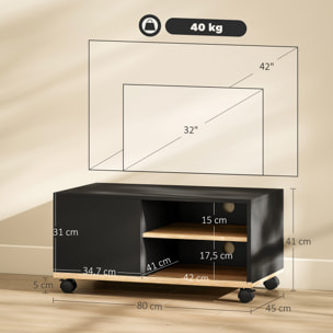 Meuble TV sur roulettes avec 2 freins - 2 niches + placard porte 2 passe-fil - panneaux particules noir chêne clair