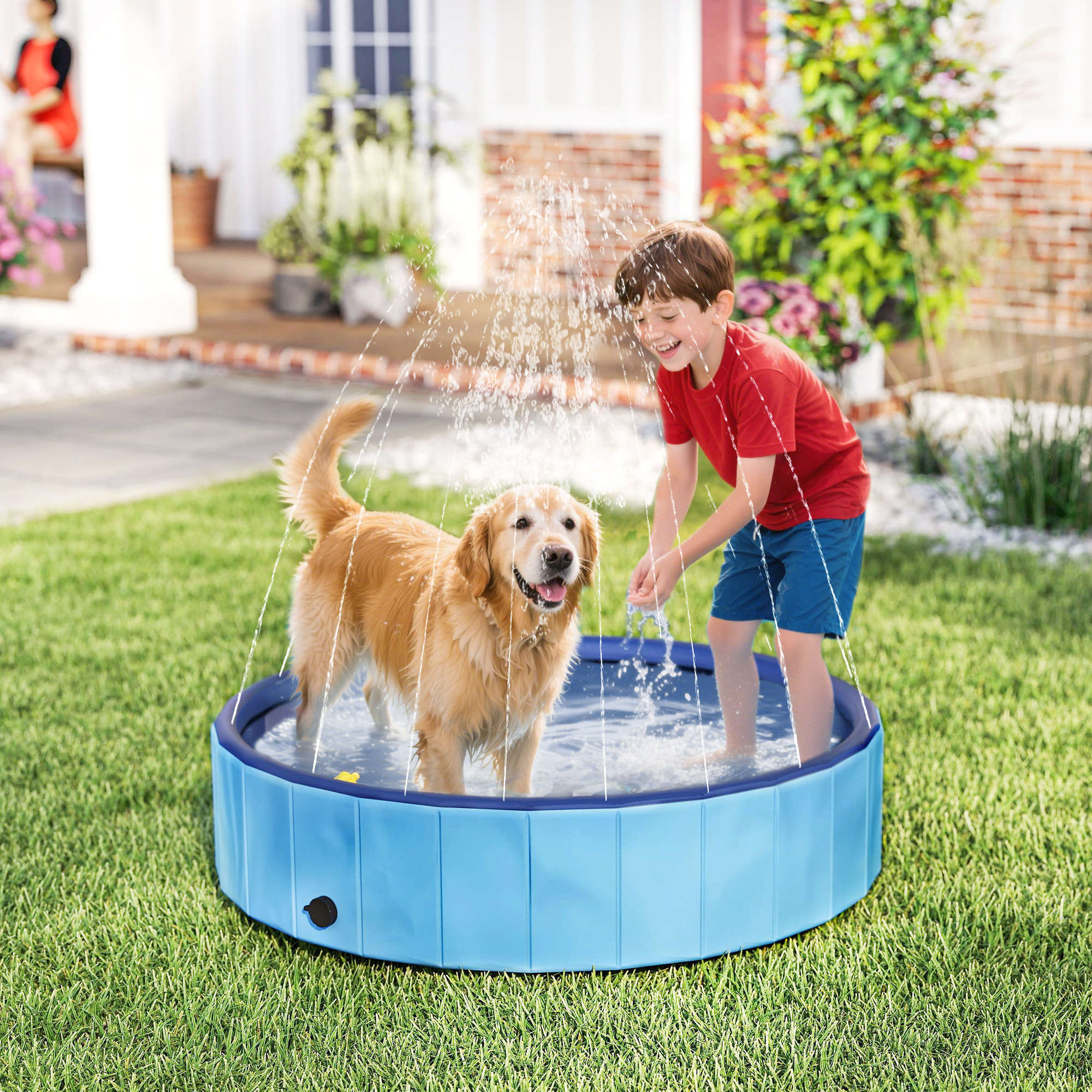 Piscina para Perros Plegable con Aspersor Bañera Portátil para Mascotas Grandes de PVC Antideslizante y Resistente al Desgaste para Interiores y Exteriores Ø120x30 cm Azul Claro