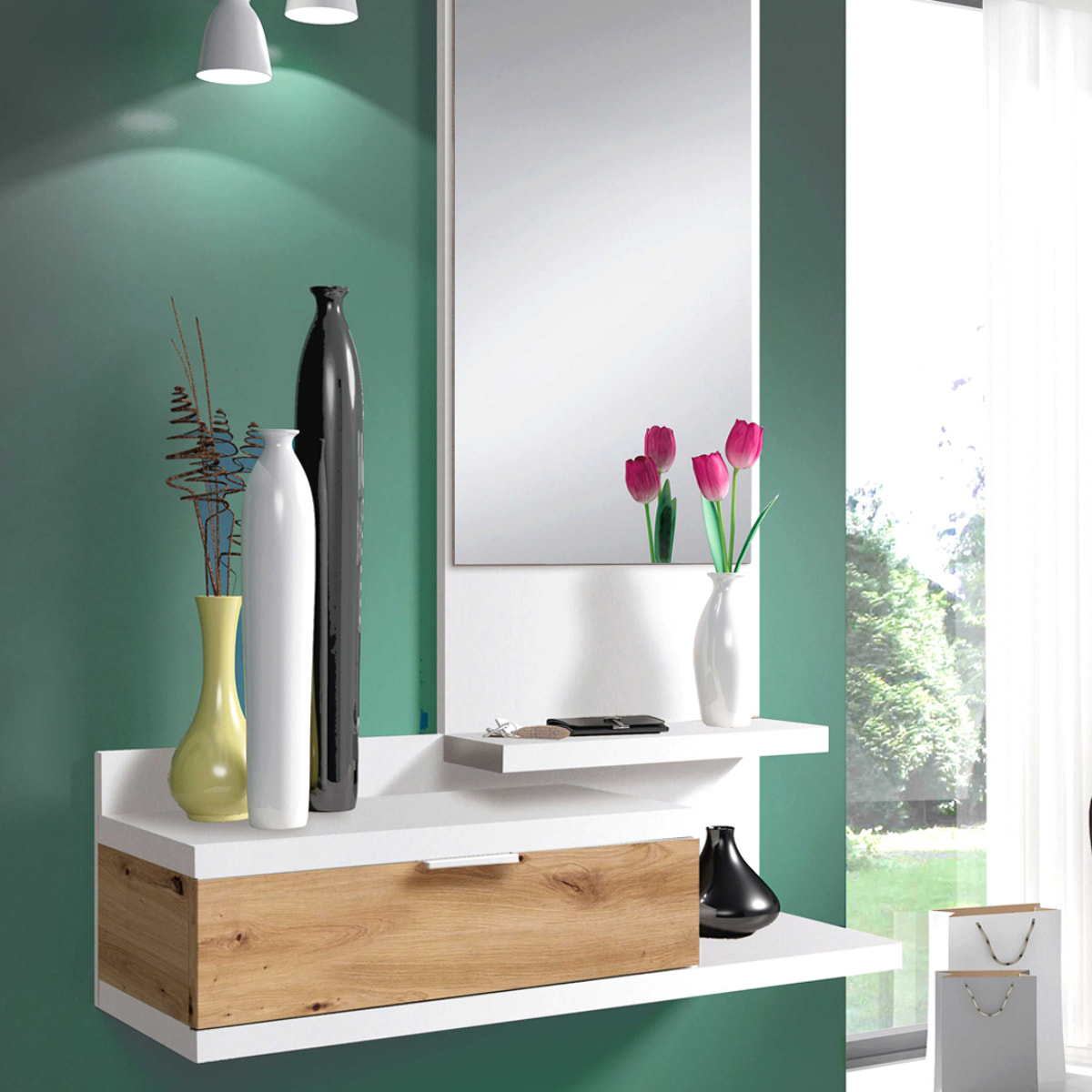 Mueble Recibidor Lia Cajón Y Espejo 116x81x29 Cm Roble Nodi Y Blanco Artik