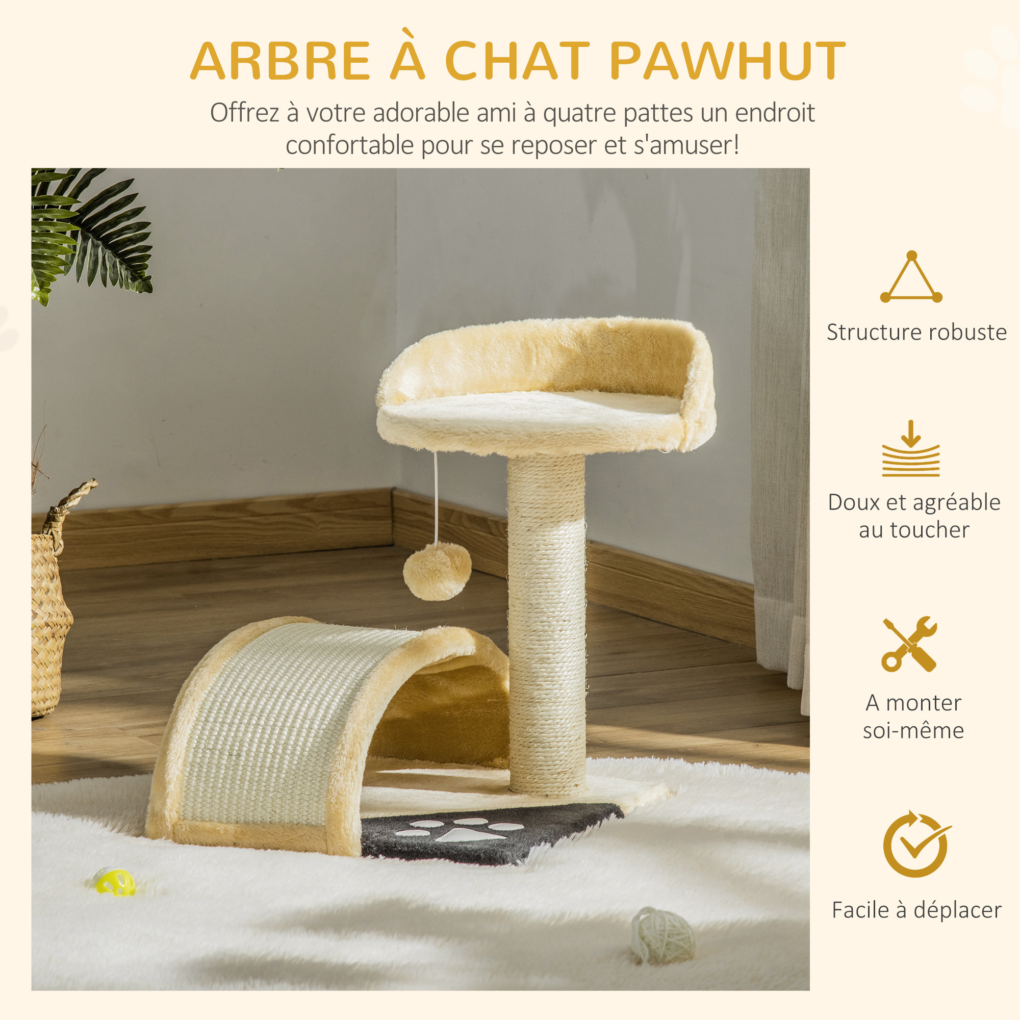 Arbre à chat griffoir grattoir design jeu boule suspendue + plateforme peluche sisal naturel beige