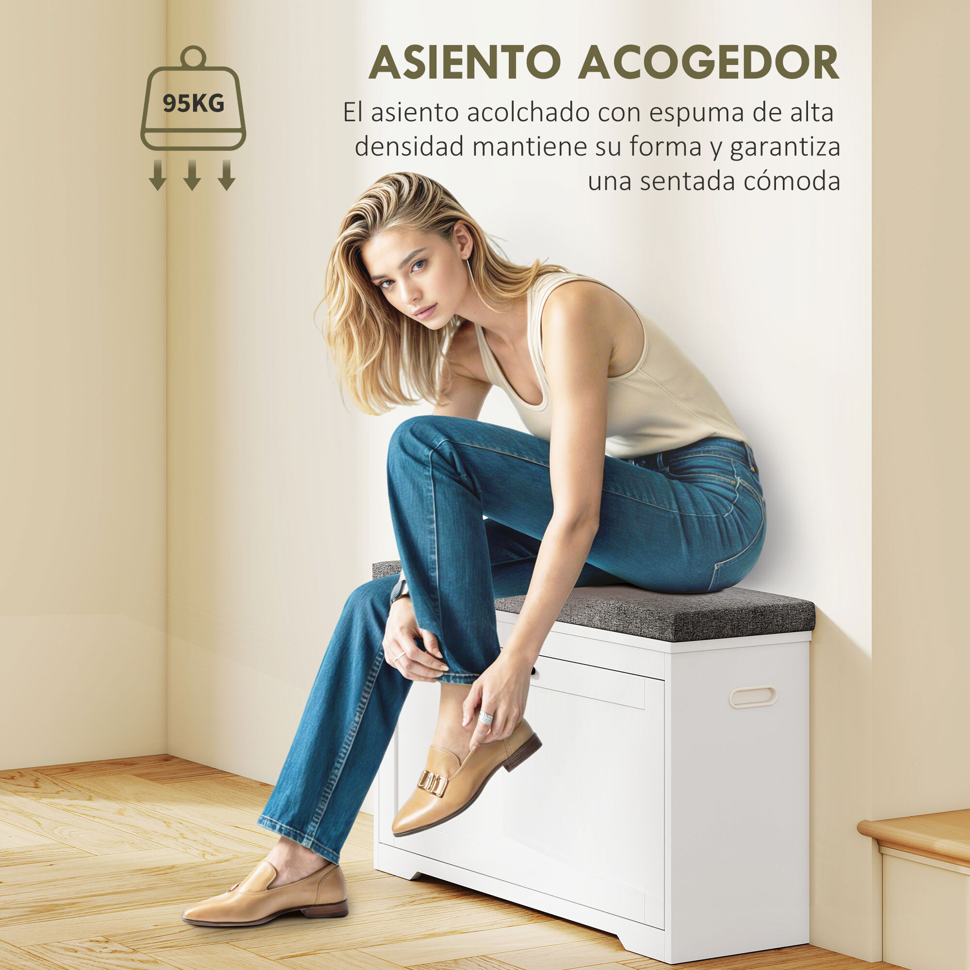 Banco Zapatero, Banco Recibidor Moderno, con Asiento Acolchado, Estante Ajustable, para 8 Pares de Zapatos, para Entrada, Pasillo, Dormitorio, 80x30x50 cm, Blanco