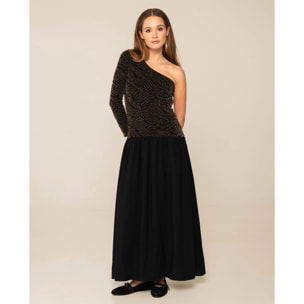 Vestido midi con cuerpo de punto brillante y falda de tafetán de mujer