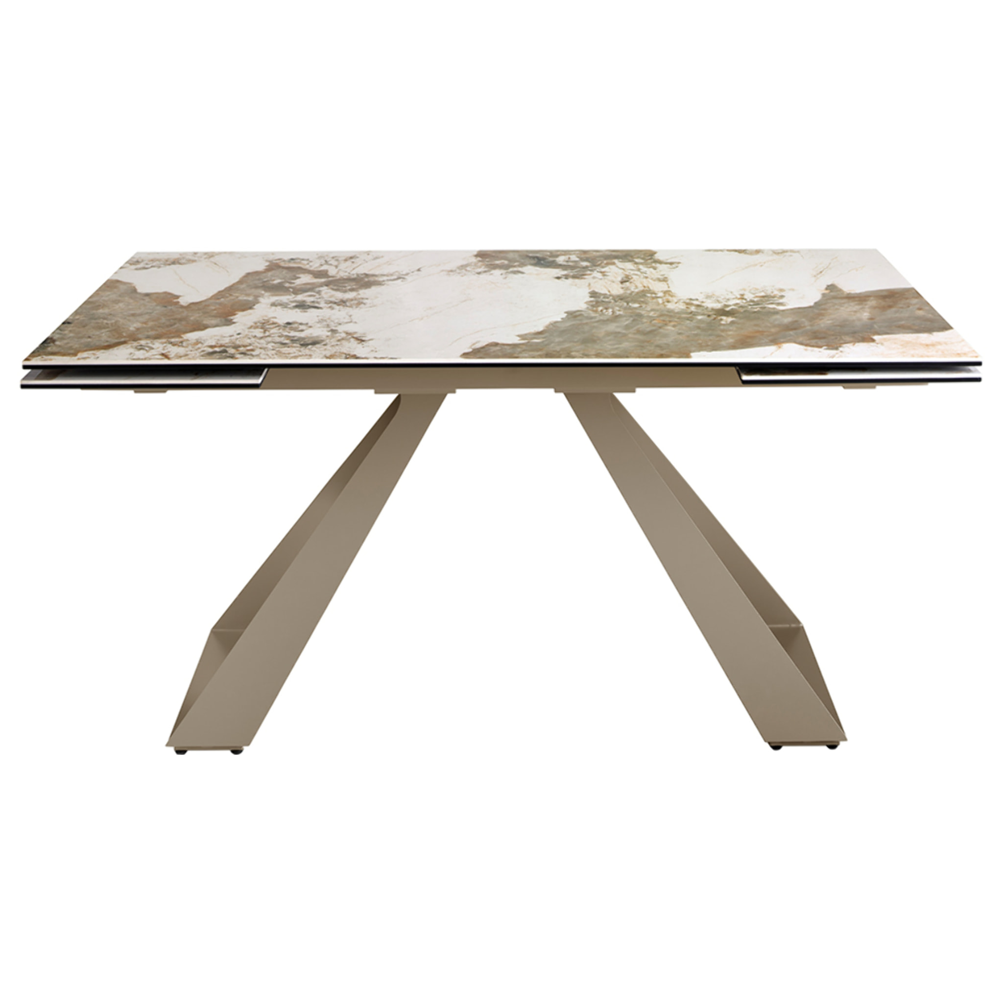 Mesa comedor extensible rectangular con tapa de mármol porcelánico blanco con vetas en tonos tierra en brillo 160x90x76cm