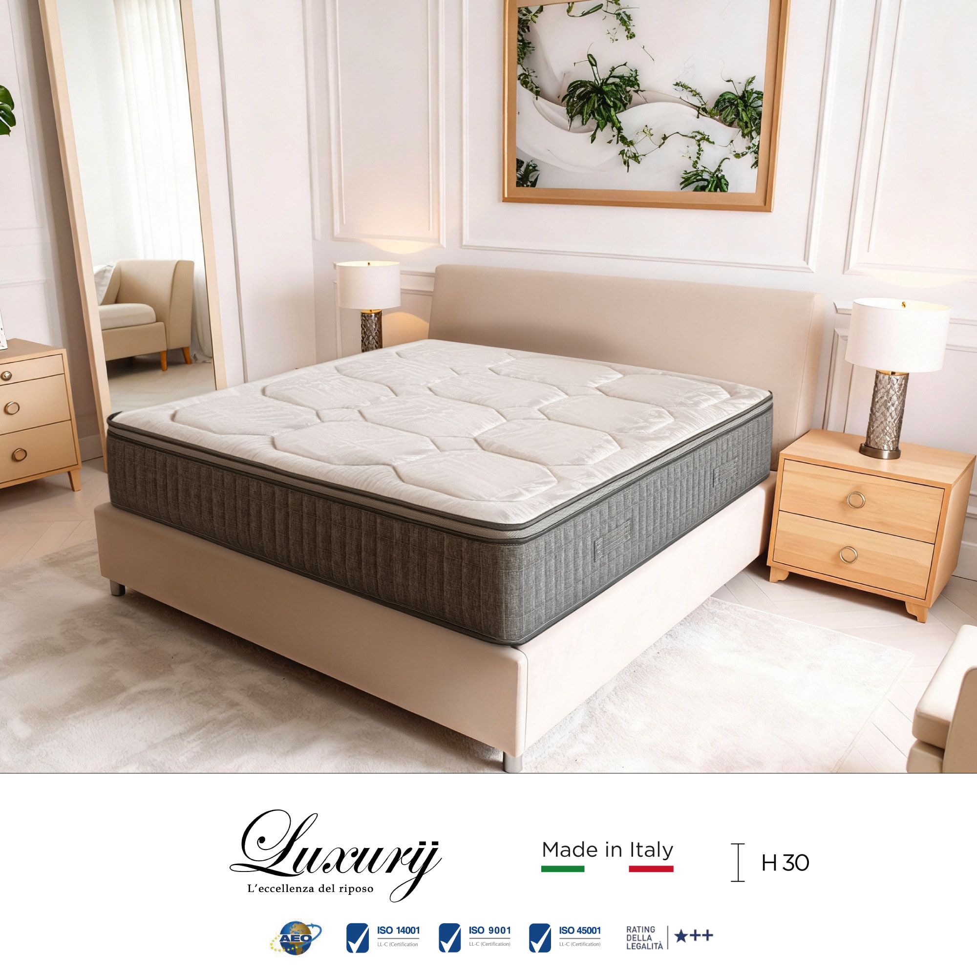 "Positano" H30 cm 80x200 guanciale Memory OMAGGIO a molle insacchettate e 4cm memory Gel