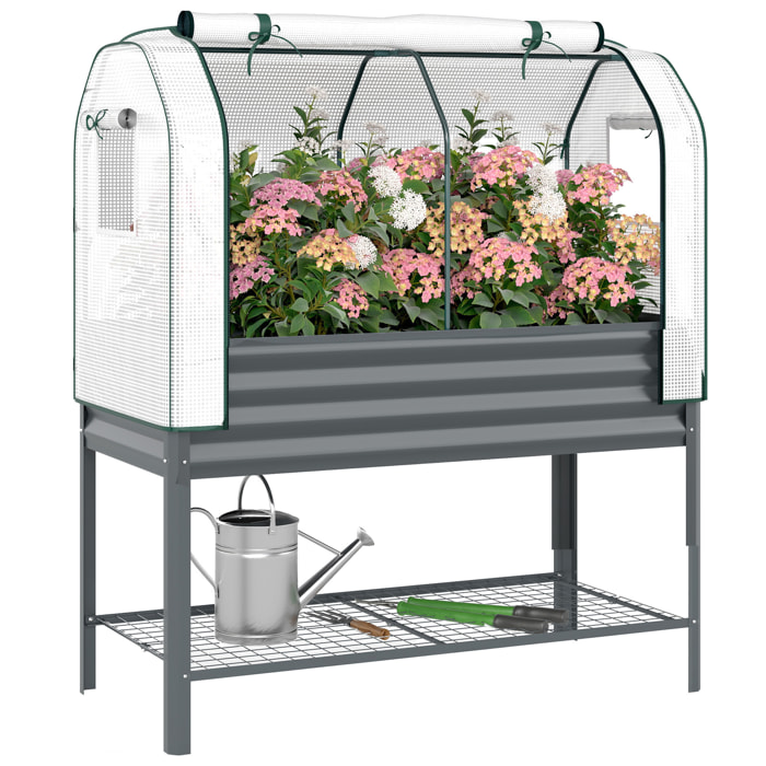 Huerto Urbano Elevado con Cubierta de Invernadero de 140 g/m² PE, Mesa de Cultivo de Metal Galvanizado con Estante Inferior y Forro para Cultivo, Plantas y Flores, 120x55x140 cm, Gris Oscuro
