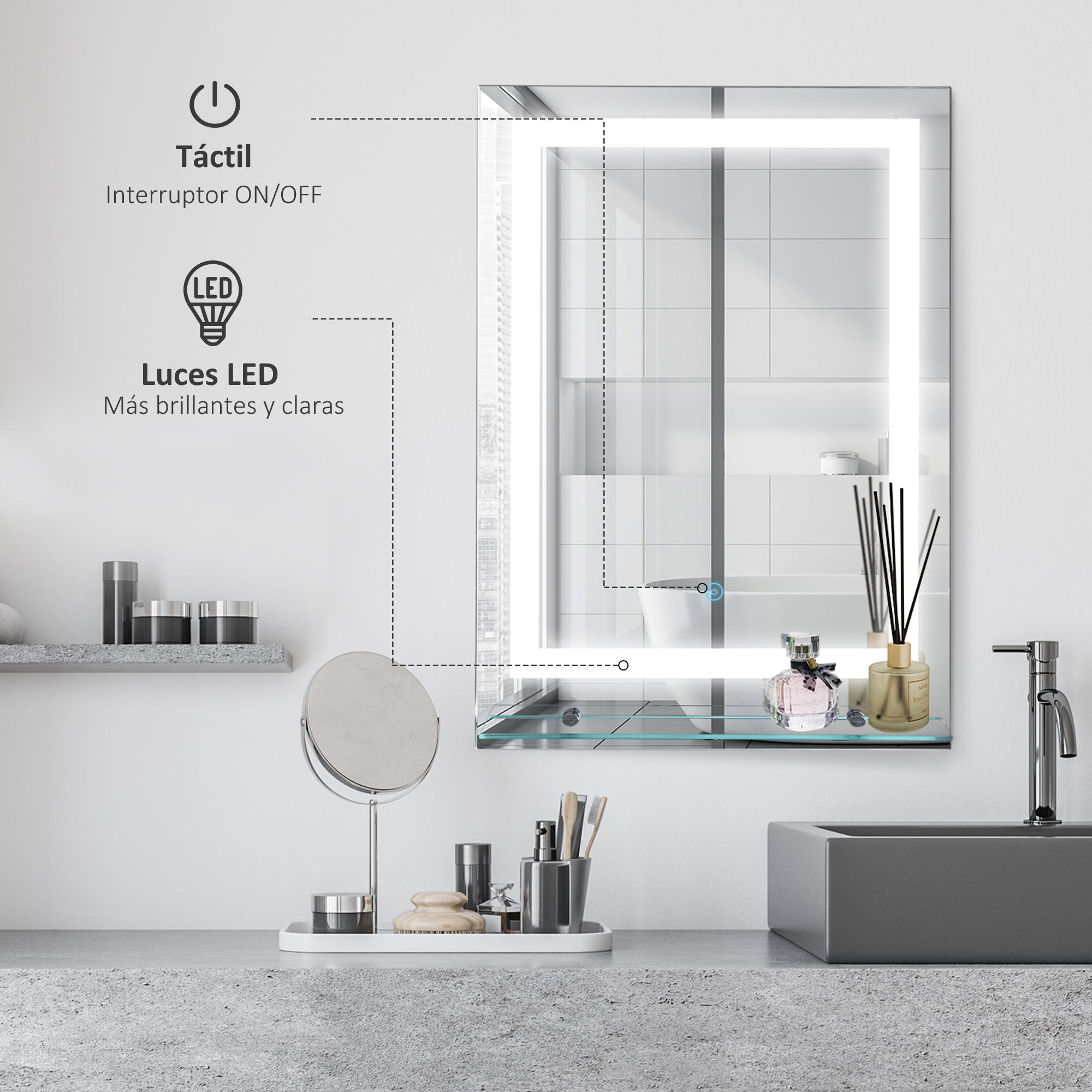 Espejo de Baño con Luces LED 70x50 cm Espejo para Baño con Marco de Aluminio Interruptor Táctil y Estante de Vidrio para Salón Entrada Plata