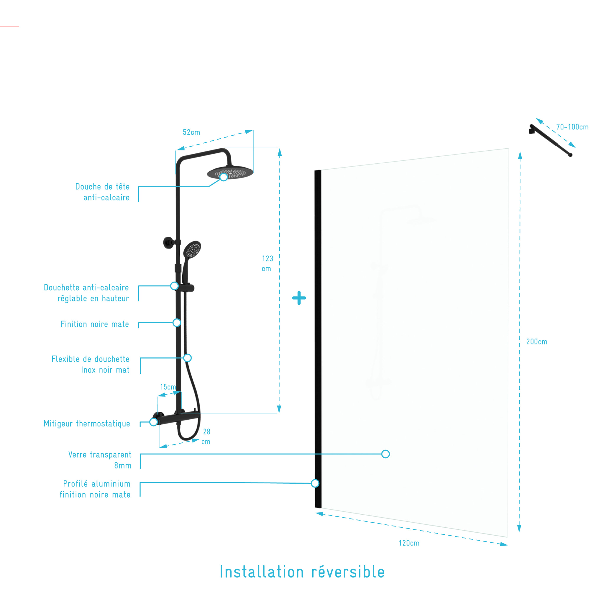 Paroi de Douche 120cm Verre 8mm - Profilé + Bras extensible + Colonne Thermostatique NOIR MAT