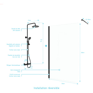 Paroi de Douche 120cm Verre 8mm - Profilé + Bras extensible + Colonne Thermostatique NOIR MAT