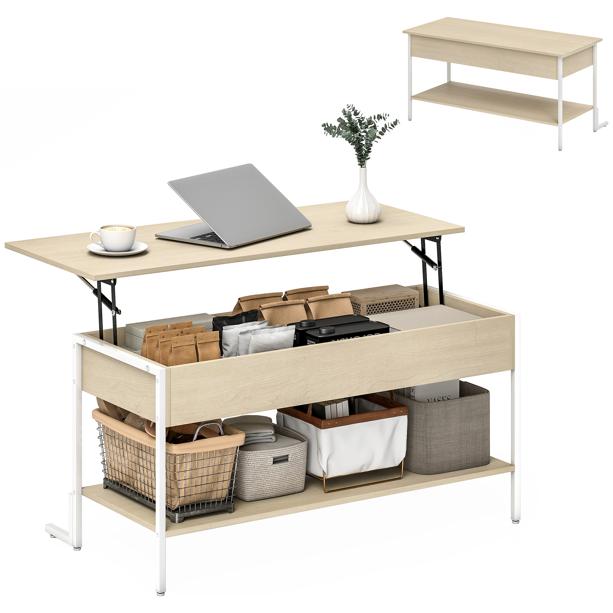 Mesa de Centro Elevable Mesa de Café con Cierre Suave Espacio Oculto de Almacenaje y Estante Abierto 95x40x59 cm Natural y Blanco