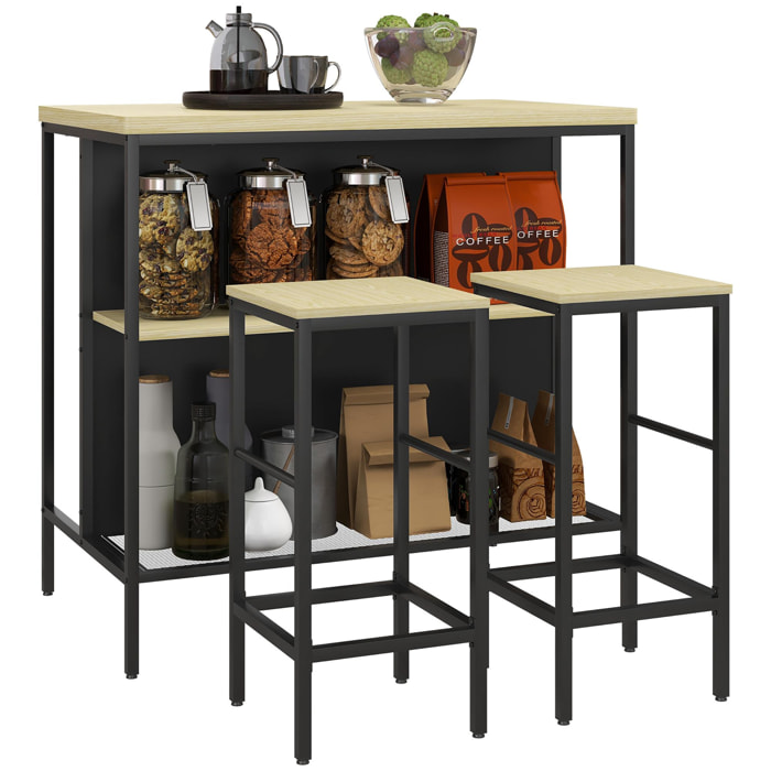 Ensemble table de bar 2 tabourets style industriel - 2 étagères - acier noir aspect bois clair