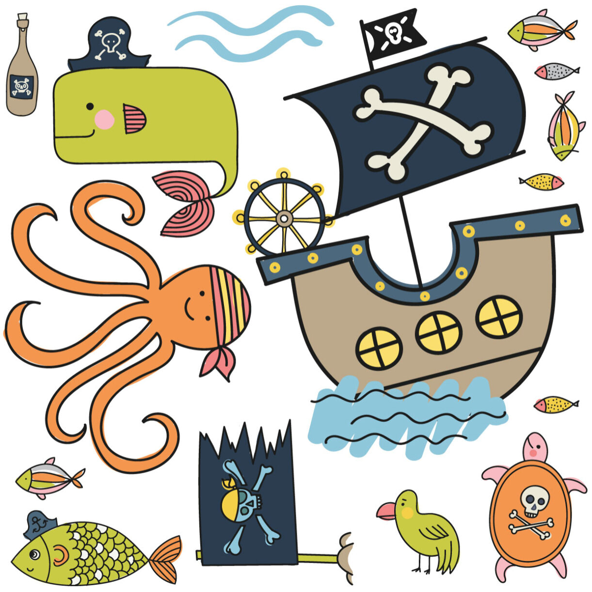 Stickers muraux | Sticker Mural Autocollant - ANIMAUX DE LA MER ET LES PIRATES - adhésifs fond transparent