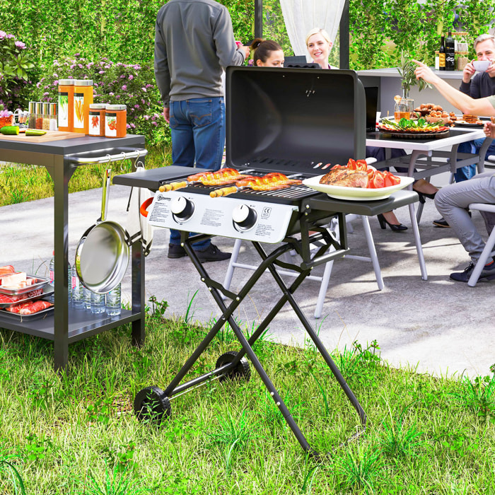 Barbacoa de Gas con 2 Quemadores de Acero Inoxidable 2,8 KW Barbacoa Portátil Plegable con Mesas Laterales Bandeja Extraíble Termómetro y 2 Ruedas para Pícnic Camping 101x50x102 cm Negro