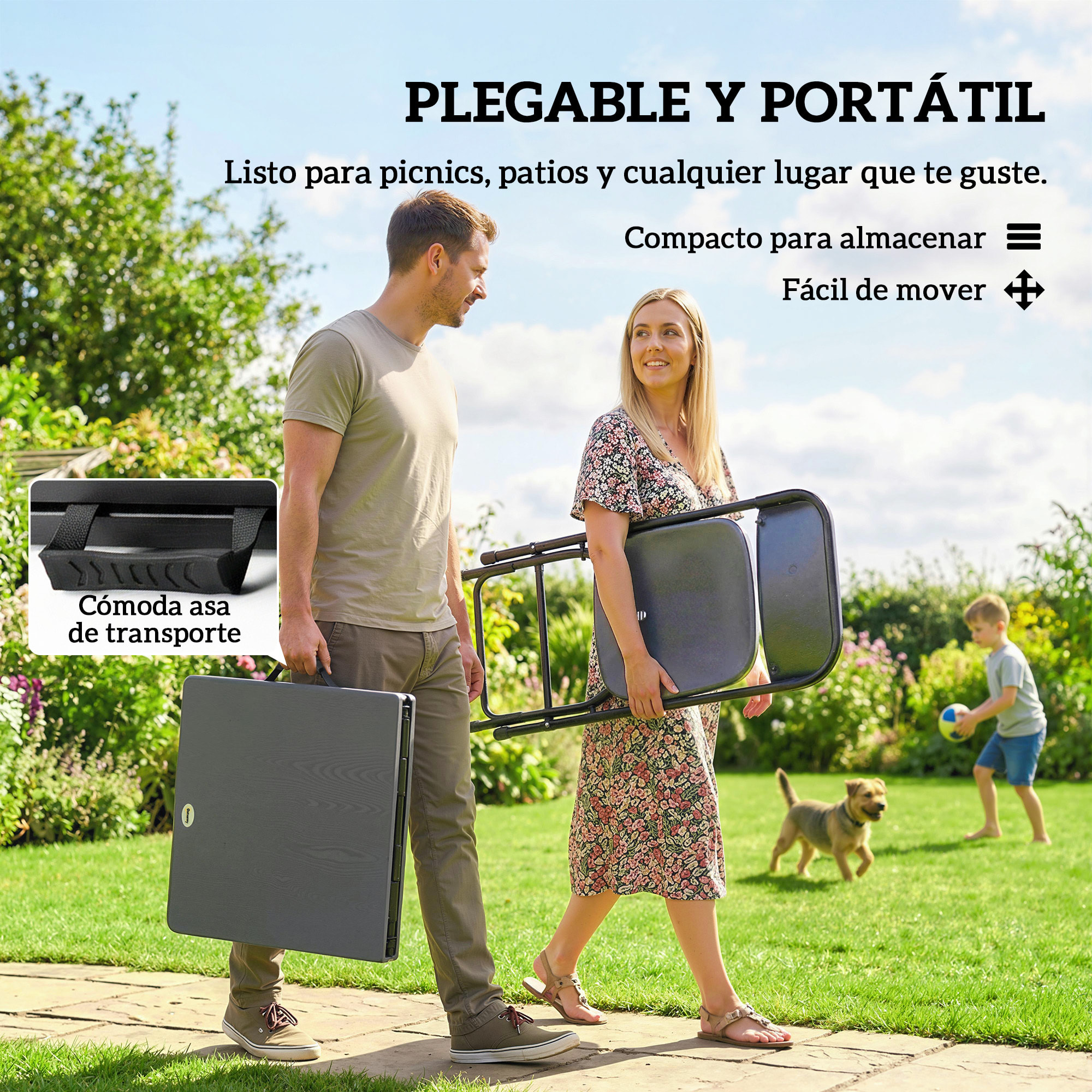 Conjunto de Mesa y Sillas Jardín de 5 Piezas, Muebles de Jardín Exterior con Mesa Plegable Ajustable de 55 a 74 cm, 4 Sillas Plegables y Encimera de HDPE, para Terraza Patio, Gris Oscuro