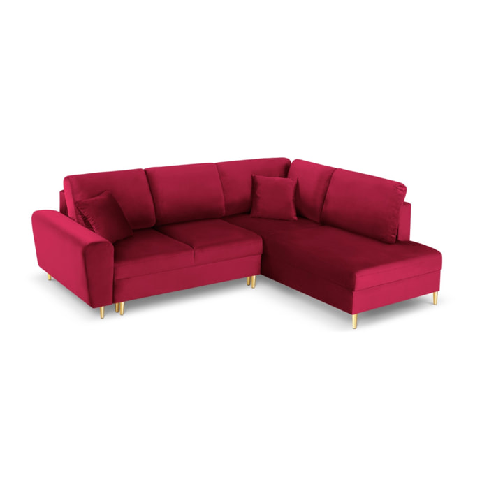 Canapé d'angle droit convertible avec coffre de rangement "Kyoto" 5 places en velours rouge