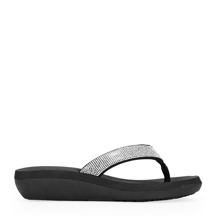 Sandalias de dedo negras con cuña y brillantes