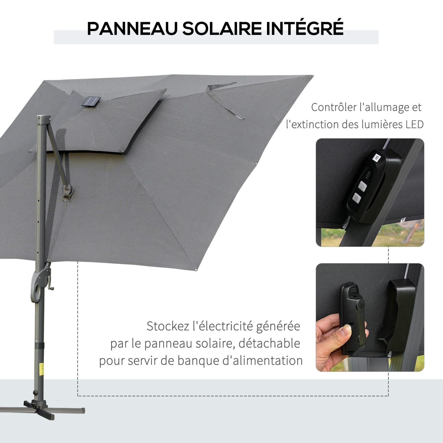 Parasol déporté rectangulaire parasol LED inclinable pivotant manivelle acier alu. dim. 3L x 3l x 2,66H m polyester gris