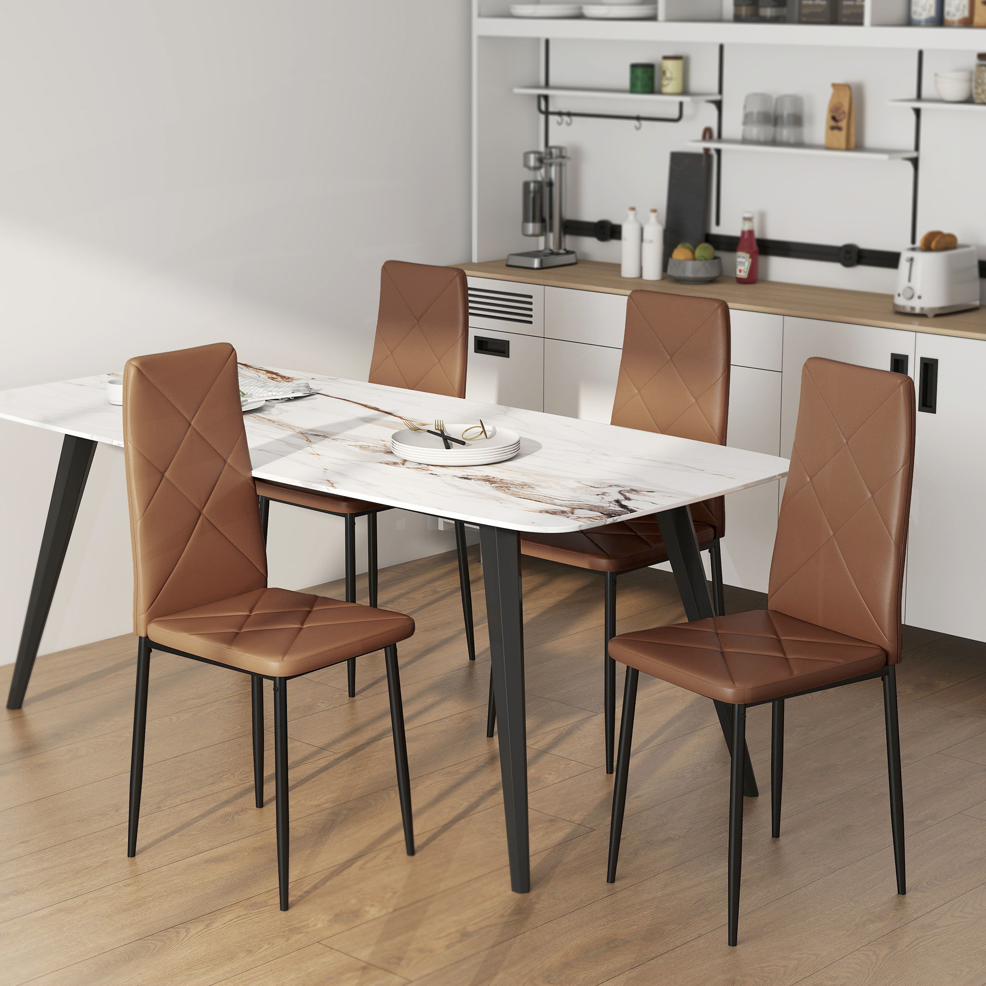 Pack de 4 Sillas de Comedor, Sillas de Cocina Modernas, Tapizadas de Cuero Sintética, Respaldo Alto, Asiento Acolchado, Patas de Acero, Marrón