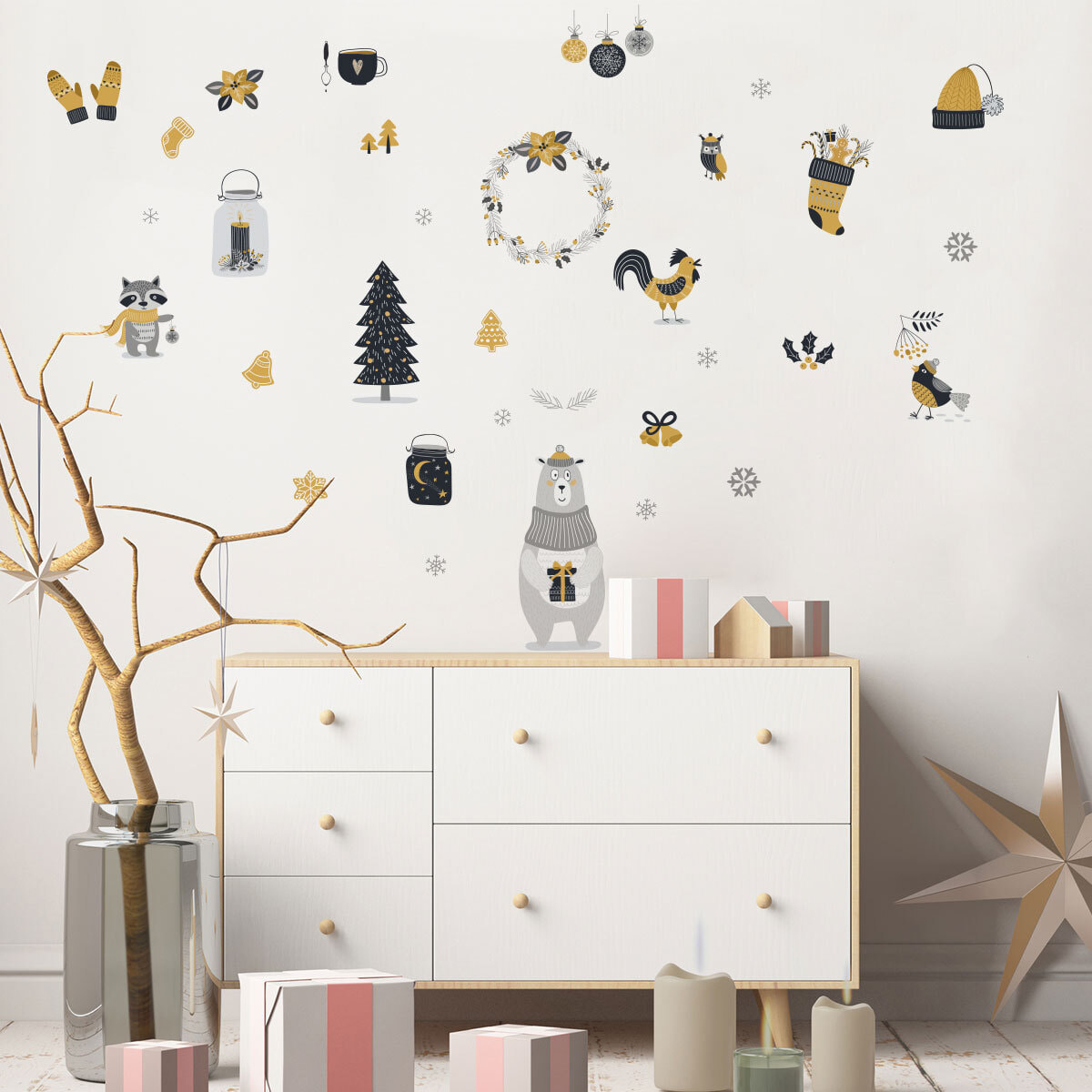 Sticker Noël animaux scandinave - Autocollants stickers adhésifs noël - décoration fêtes