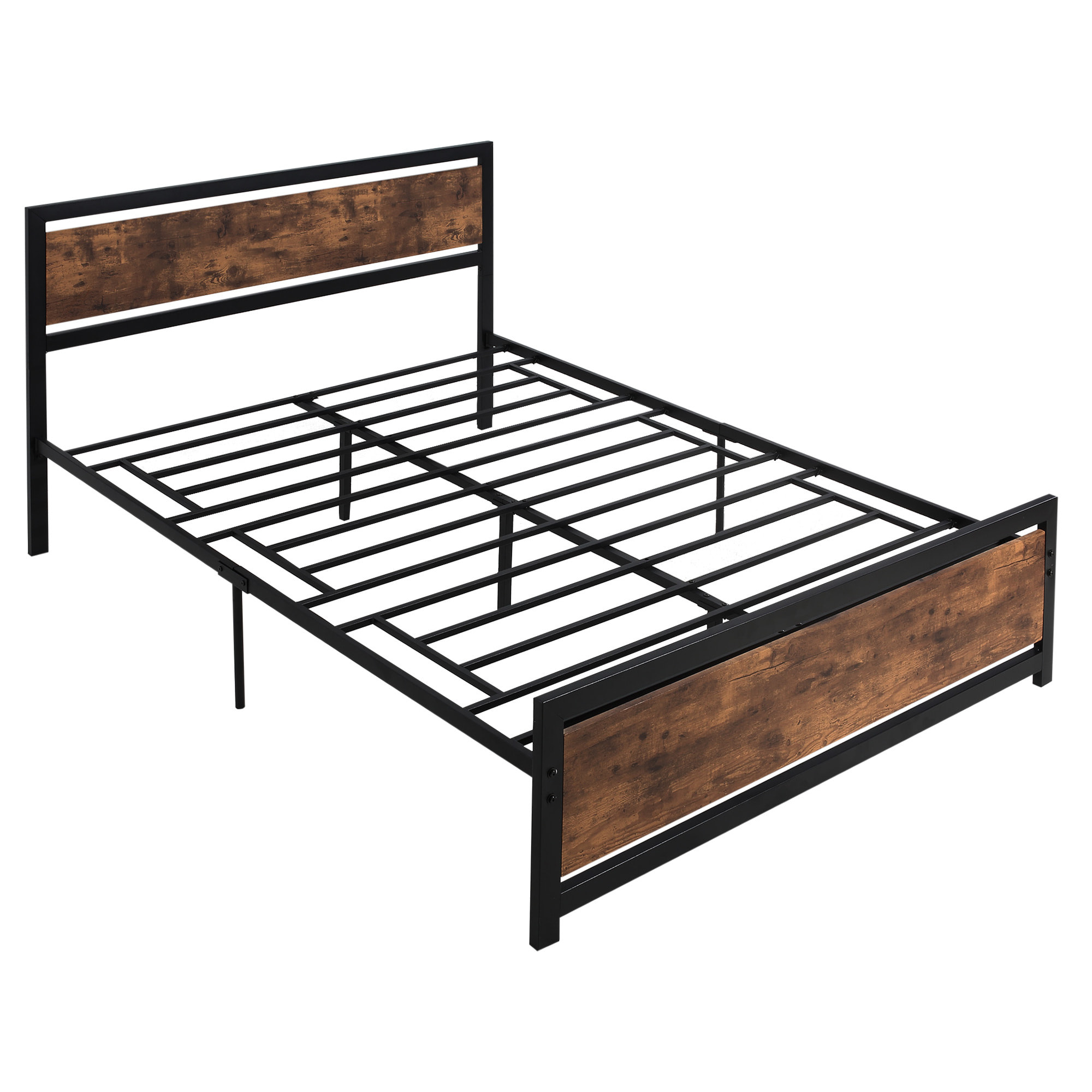 Lit double design industriel - tête de lit, pied de lit et sommier - dim. 208L x 167l x 103H cm - compatible matelas 200L x 160l cm - acier noir MDF aspect bois avec veinage