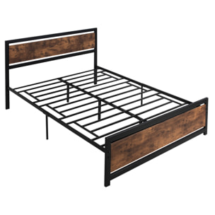 Lit double design industriel - tête de lit, pied de lit et sommier - dim. 208L x 167l x 103H cm - compatible matelas 200L x 160l cm - acier noir MDF aspect bois avec veinage