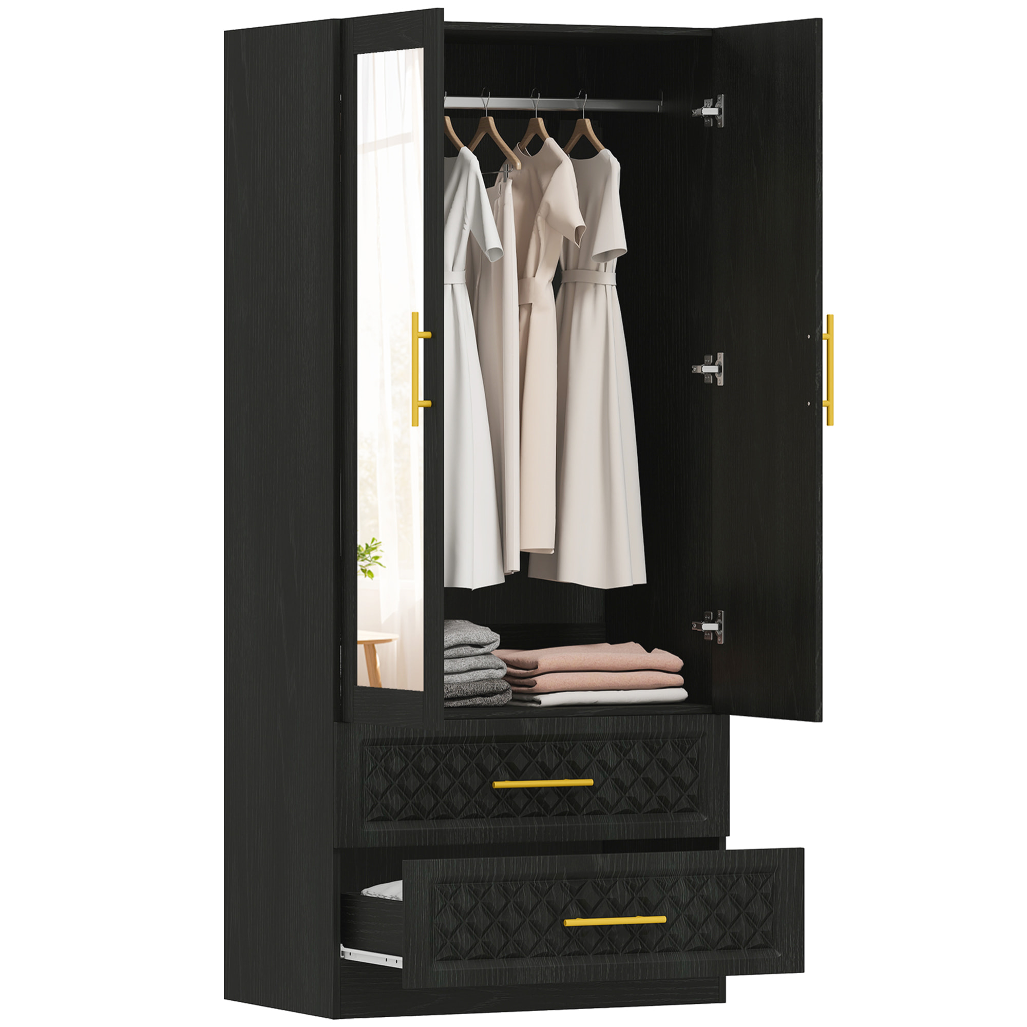 Armario Dormitorio 2 Puertas y 2 Cajones, Armario Ropero con Espejo, Relieve de Diamante, Barra para Colgar, Estilo Moderno, 80x50x180 cm, Negro