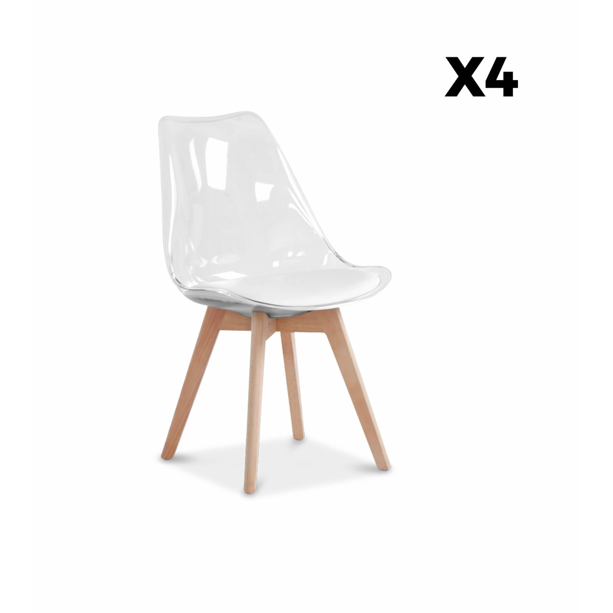 Lot de 4 chaises scandinaves - Lagertha - pieds bois. fauteuils 1 place. coussin blanc. coque transparente