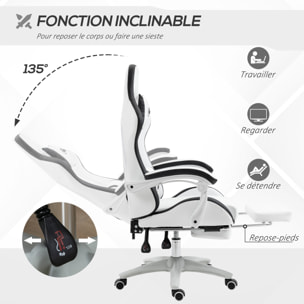 Chaise de bureau gaming - inclinable, pivotant, réglable - coussins lombaires têtière inclus - noir blanc