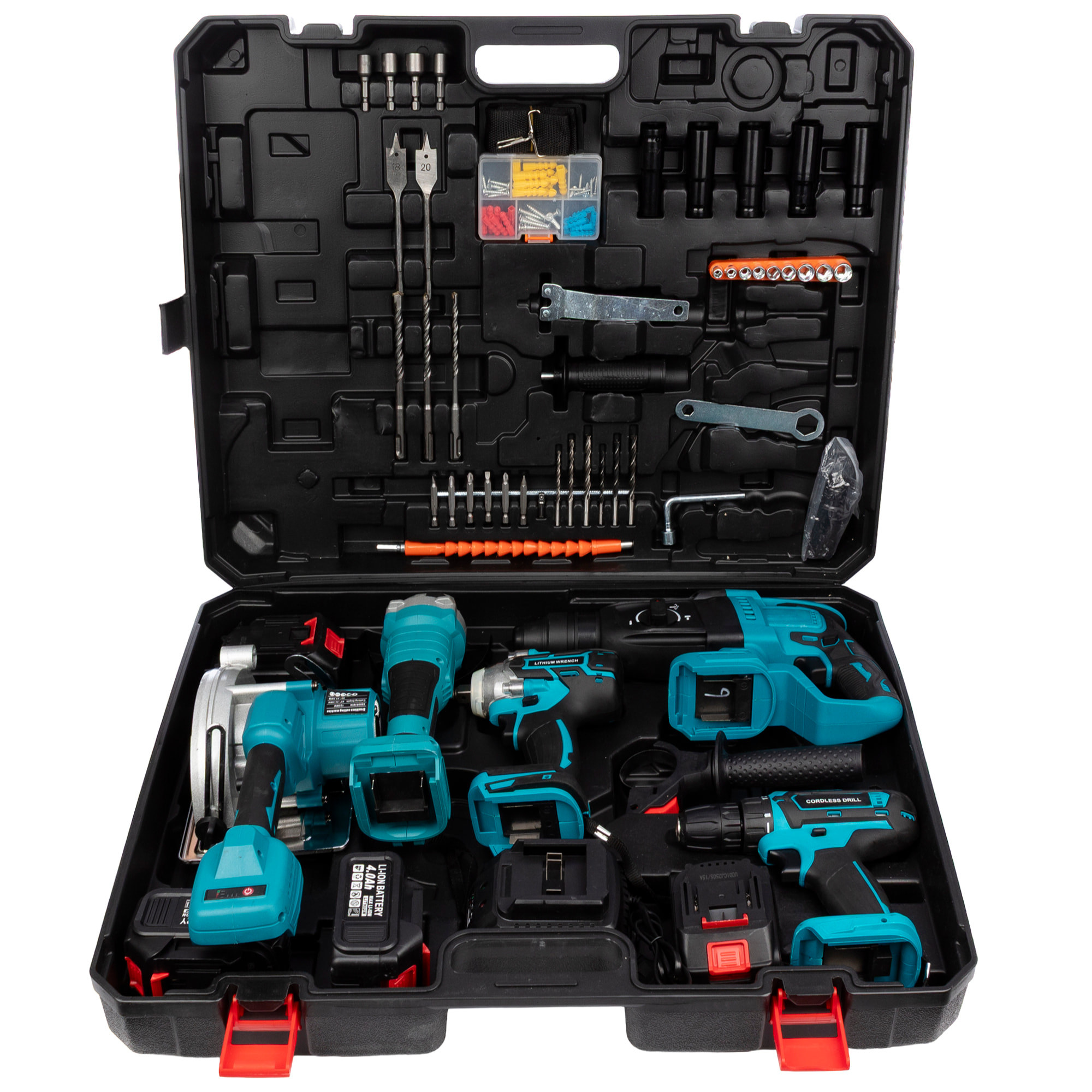 Set di 5 strumenti elettrici, smerigliatrice angolare, trapano a percussione, trapano, seghetto alternativo e chiave ad impatto.